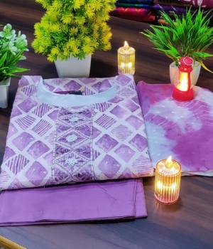 Lilac Geometric Pattern Round Neck Cotton Kurti Set