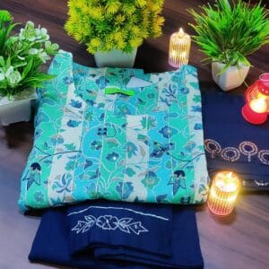 Teal Motif Round Neck Cotton Kurti Set
