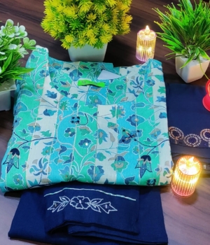 Teal Motif Round Neck Cotton Kurti Set