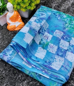 Sky Blue Checkered Print Cotton Saree with Tie-Dye Effect