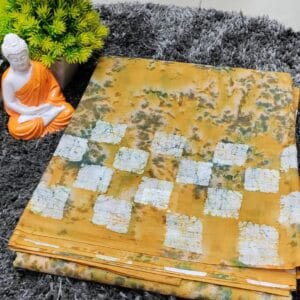 Mustard Yellow Cotton Saree with Abstract Checkered Print