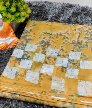 Mustard Yellow Cotton Saree with Abstract Checkered Print