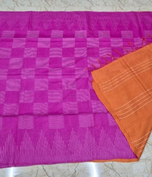 Pink & Orange Semi Tussar Saree with Woven Check Design