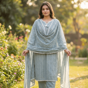 Soft Sage Green Rayon Kurti Set with White Striped Print & Tassel Yoke