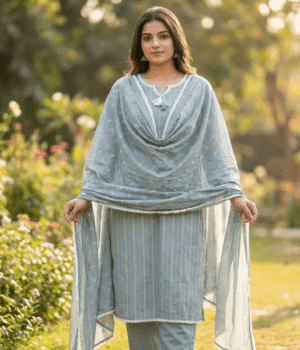 Soft Sage Green Rayon Kurti Set with White Striped Print & Tassel Yoke