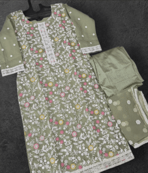 Olive Green Organza Kurti Set – Floral Embroidery, Round Neck