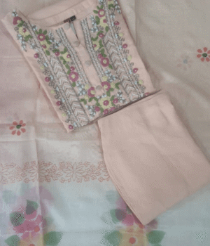 Peach Suit Set – Floral Embroidery, Round Neck