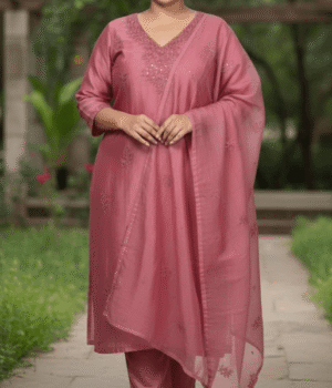 Dusty Rose Embroidered V- Neck Crushed Tissue Kurti Set