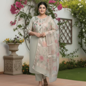 Off-White Floral Pattern Round Neck Muslin Kurti Set