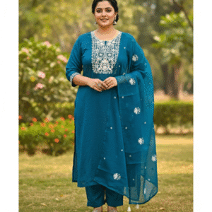 Teal Embroidered Crushed Rayon Kurti Set