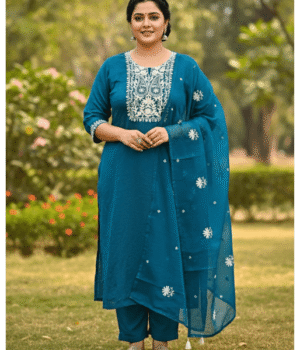 Teal Embroidered Crushed Rayon Kurti Set