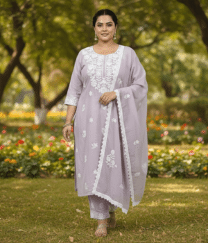 Roman Silk Lilac Chikankari Round-Neck Kurti Set with Dupatta