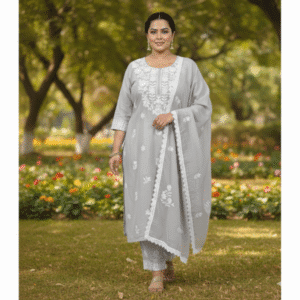 Roman Silk Sage Green Chikankari Round-Neck Kurti Set with Dupatta