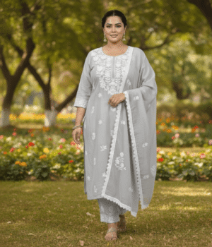 Roman Silk Sage Green Chikankari Round-Neck Kurti Set with Dupatta