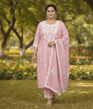 Roman Silk Dusty Pink Chikankari Round-Neck Kurti Set with Dupatta