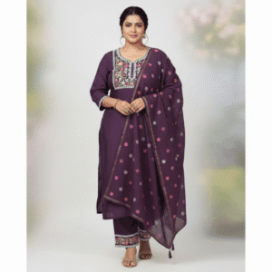Rayon Plum Set with All-Over Dot Pattern and Heavy Embellished Yoke