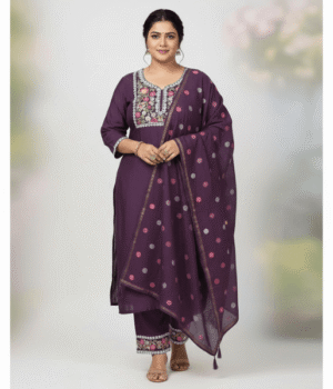 Rayon Plum Set with All-Over Dot Pattern and Heavy Embellished Yoke