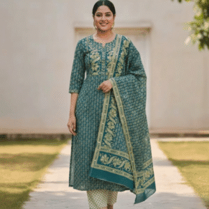 Pure Cotton Teal Foil Print Anarkali Set with Embroidered V-Yoke