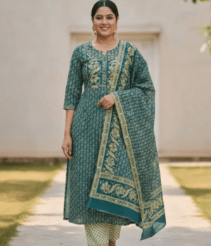 Pure Cotton Teal Foil Print Anarkali Set with Embroidered V-Yoke