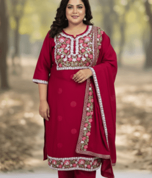 Maroon Roman Silk Kurti Set with Heavy Multi-Color Embroidery