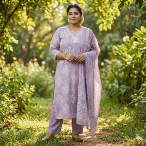 Lilac Soft Cotton Kurti Set with White Embroidery V-Neck