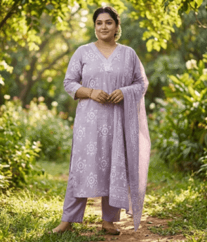 Lilac Soft Cotton Kurti Set with White Embroidery V-Neck