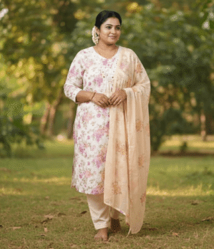 Cream White Floral Printed Kurti Set with Pastel Accents