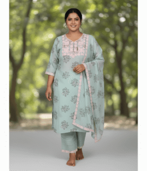 Mint Green Mal Chanderi Kurti Set with Delicate All-Over Print