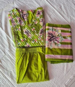 Cotton Lime Green V-Neck Pleated Kurti Set