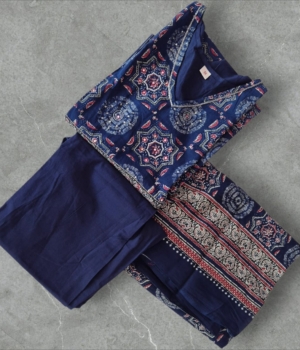 Navy Blue V-Neck Pure Cotton Suit Set with Printed Border Dupatta