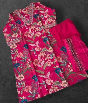 Vibrant Rani Pink V-Neck Straight Kurti Set with Multi-Color Floral Print