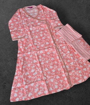 Coral Bloom Angrakha Anarkali Set with White Floral Print