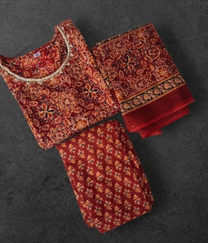 Maroon Bloom Printed Cotton Kurta Set with Dupatta