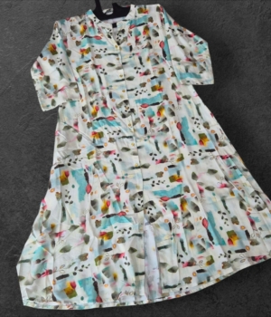 Off-White Abstract Pattern Round Neck Aline Rayon Kurti