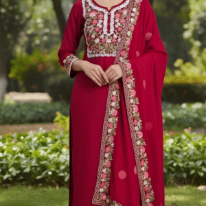 Maroon Roman Silk Kurti Set with Heavy Multi-Color Embroidery