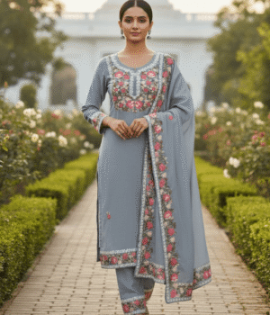 Roman Silk Slate Grey Heavy Kashmiri Floral Embroidered V-Neck Kurti Set