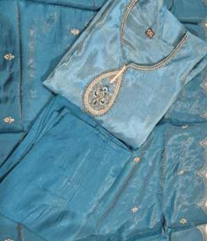 Sky Blue Soft Silk Kurti Set with Gold Brocade Patch Work
