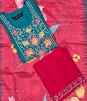 Teal Pink Contrast Kurti Set with Bright Multi-Color Embroidery
