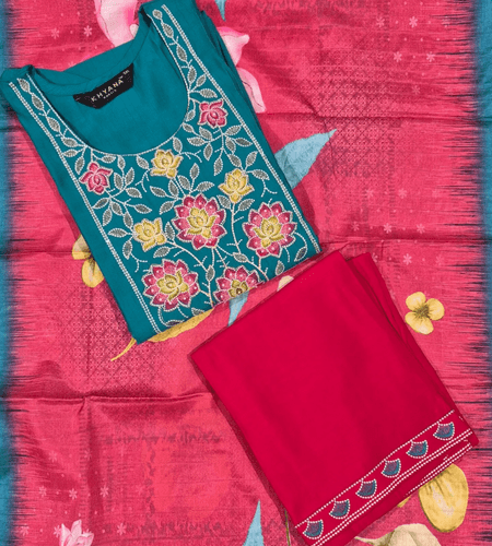 Teal Pink Contrast Kurti Set with Bright Multi-Color Embroidery