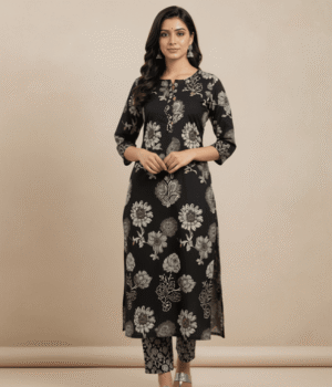 Black & White Paisley Floral Print Co-ord Set with Collar Neck