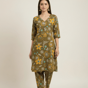 Olive Green Floral Print Co-ord Set with Collar Neck
