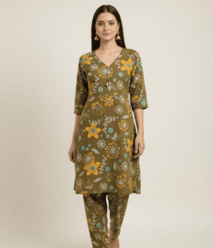 Olive Green Floral Print Co-ord Set with Collar Neck
