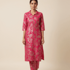 Fuchsia Pink Silver Foil Print Co-ord Set with Collar Neck