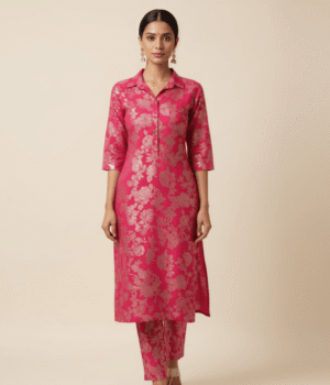 Fuchsia Pink Silver Foil Print Co-ord Set with Collar Neck