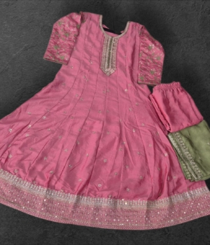 Rose Pink Grand Anarkali Kurti Set – Sequin Embellished, Scoop Neck