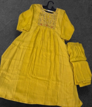 Mustard Mul Mul Chanderi Kurti Set with Embroidered Yoke