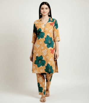 Mustard Yellow Big Floral Print Co-ord Set with Collar Neck