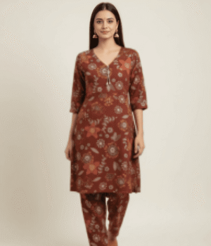 Maroon Floral Print Cotton Co-ord Set with Collar Neck