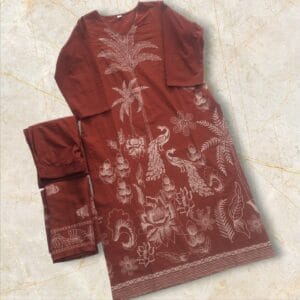 Rust Brown Printed Cotton Kurti Set with Round Neck