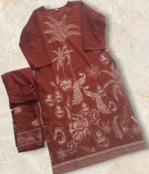 Rust Brown Printed Cotton Kurti Set with Round Neck